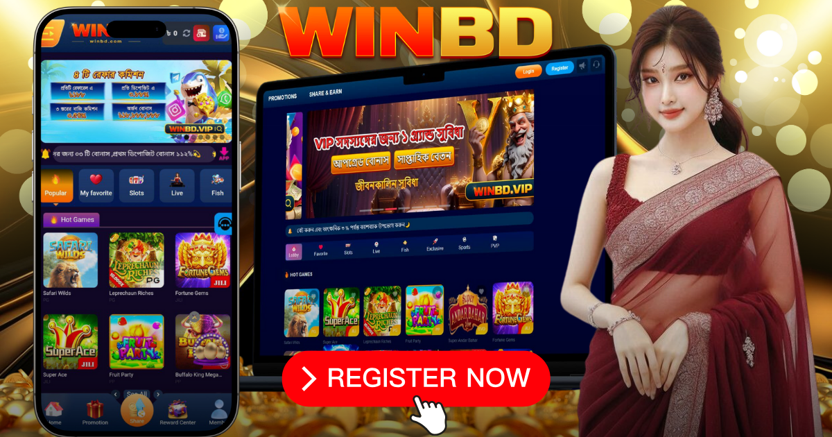 Promotional banner for WINBD showcasing a mobile app and desktop interface with colorful game icons, a 'Register Now' button, and a festive theme.